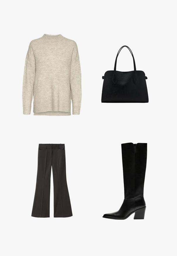 Light beige knit sweater with a high neckline, dropped shoulders, ribbed cuffs, and hem. Fabric shows a soft, textured finish.; Black flared trousers with a high waist; features two front pockets and a smooth fabric texture. Suitable for various occasions.; Black knee-high boots made of smooth leather, featuring a pointed toe, a block heel, and a V-shaped cutout at the top.; Black leather handbag with dual shoulder straps, rectangular shape, and minimalistic design on a white background.