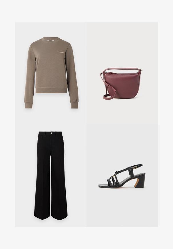 Brown sweatshirt with long sleeves, round neckline, and ribbed cuffs. Features a small white logo on the upper left side. Soft texture.; Black wide-leg jeans made of sturdy fabric, featuring a high waist, front pockets, and a front button closure. Flat hem at the bottom.; Paul Smith AMIRA - Classic heels - black; Burgundy leather crossbody bag with a textured surface, zip closure, adjustable strap, and rounded shape, measuring approximately medium size.