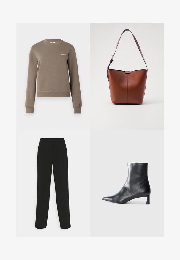 Sweatshirt marron à manches longues, col rond et poignets côtelés. Présente un petit logo blanc sur le côté supérieur gauche. Texture douce.; Pantalons noirs taillés avec une coupe droite, présentant une taille haute, des plis et une texture de tissu lisse.; Bottine en cuir noir avec un bout pointu et un design épuré. Présente un petit talon et une fermeture éclair à l'arrière. Texture lisse.; Sac à épaule en cuir marron avec une forme courbée, texture lisse et une seule sangle fine. Présente une couture subtile et un petit logo.