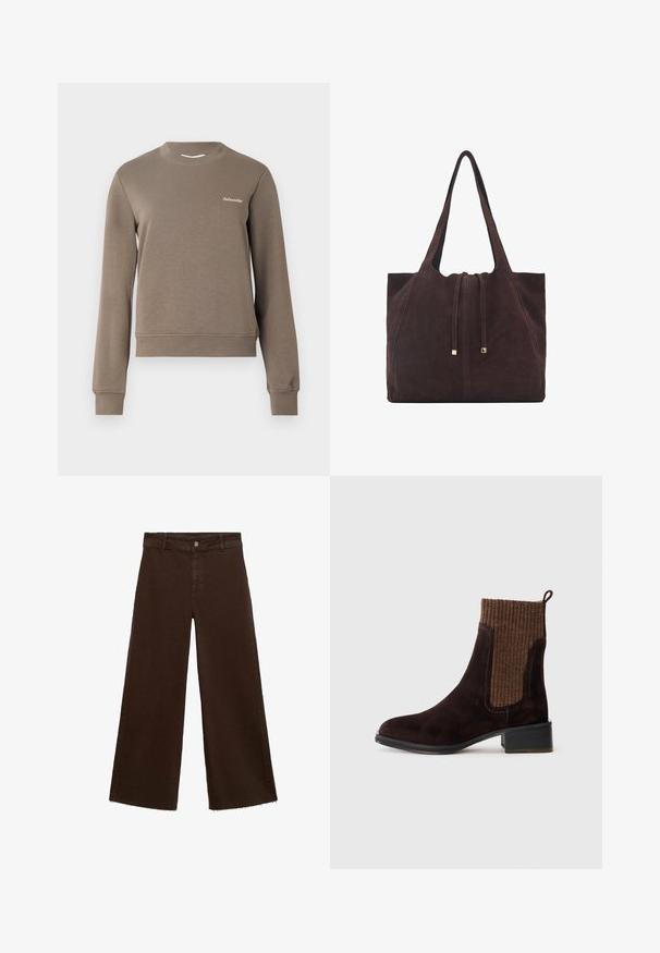 Hanorac maro cu mâneci lungi, guler rotund și manșete cu bordură. Prezintă un logo mic alb în partea stângă sus. Textură moale.; Pantaloni largi maro dintr-un amestec de bumbac, cu un tiv desfăcut, închidere cu buton frontal și un design clasic cu cinci buzunare. Minimalist și versatil.; Botine din suede maro, cu un superior din tricot ribflat maro texturat, cu finisaj neted, toc mic și o bucată de prindere la călcâi pentru a facilita purtarea.; Mango Geantă de pânză - dark brown