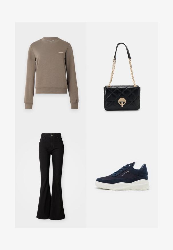 Ruskea huppari, jossa on pitkät hihat, pyöreä pääntie ja ribbaustikkaat. Mukana pieni valkoinen logo vasemmassa yläreunassa. Pehmeä kangas.; Musta leveälahkeinen farkut, jotka on valmistettu denimistä, korkea vyötärö, napin suljenta ja klassinen viisi-taskuinen muotoilu. Tasainen tekstuuri ja tasainen väri.; Tummansininen mokkanahka sneakerit valkoisilla kumipohjilla, pyöreä varvas ja nauhakiinnitys. Sisältää logotiedot sivussa ja tekstuuriset yksityiskohdat.; Musta tikattu nahkakäsilaukku, jossa on kultaketjuolkaimet ja pyöreä solkiyksityiskohta. Kompakti suorakulmainen muotoilu ja sileä pinta.
