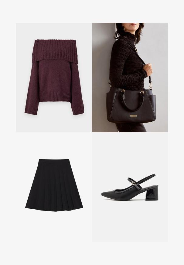 Copenhagen Muse ANDREA - Džemperis - winetasting melange; Melna plisētā svārku ir izgatavota no teksturēta auduma ar ietilpīgu jostasvietu. Svārki ir līdz ceļiem un tiem ir gluda, tīra silueta.; Melns patentēts ādas sandales ar norādīta pirksta formu, noapaļotu izgriezuma dizainu un bloķētu papēdi. Iezīmēta ar zelta toņa sprādzi.; Melnā rokassoma ar teksturētu virsmu, diviem augšējiem rokturiem un regulējamu pleca siksnu. Iespējas ar zelta krāsas aparatūru un sānu kabatām.