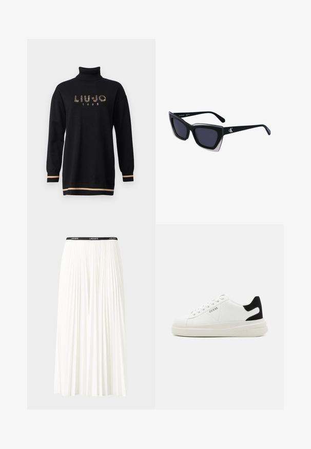 Černý rolák s dlouhými rukávy, který má na sobě kamínkovou loga "LIU JO" a rok "1995", doplněný béžovými pruhy na lemu a na manžetách.; Záhybová bílá sukně s černým elastickým pasem s logem "LACOSTE". Suška je střední délky a má jemnou texturu.; Bílé kožené tenisky s tlustou bílou podrážkou, černým semišovým akcentem na patě a vyraženým logem na boku. Šněrovací design se šesti očka.; Černé oversized sluneční brýle geometrického tvaru, s tmavými skly a kontrastním šedým detailem na rámu. Logo na rameni.