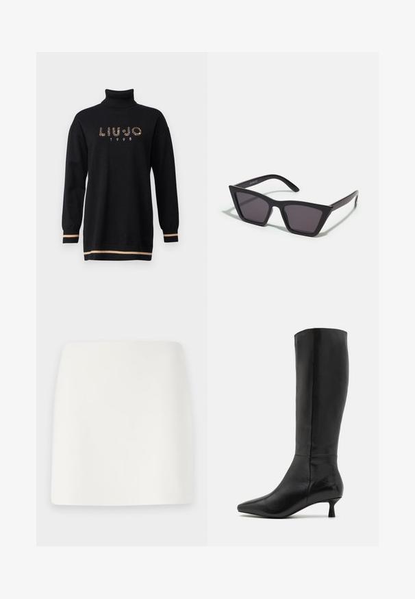 Sort højhalset sweater med lange ærmer, der har et rhinsten-logo "LIU JO" og året "1995", accentueret med beige striber ved kanten og ærmerne.; Hvid, tætsiddende miniskørt med en glat tekstur og rene linjer. Ingen synlige mønstre eller hardware. Lige kant i bunden.; Zign Høje støvler/ Støvler - black; Sorte, kantede solbriller med grå linser; lavet af plast, med tykke stænger med en glat overflade og ingen synlig hardware.; Sort ruskinds clutchtaske med lynlås og aftagelig håndledsrem. Har guldfarvet hardware og en glat, mat tekstur.