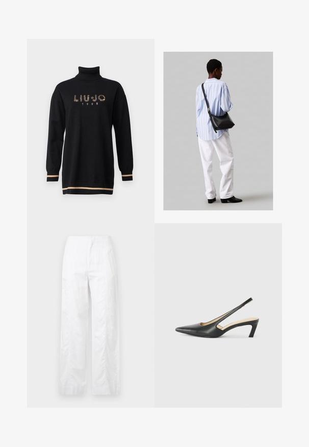 Schwarzer Rollkragenpullover mit langen Ärmeln, der mit einem Strass-Logo "LIU JO" und dem Jahr "1995" verziert ist, akzentuiert mit beigen Streifen am Saum und an den Bündchen.; Weiße, weit geschnittene Hosen aus leichtem Stoff, mit glatter Textur, klaren Linien und einem Hochbund-Design.; Schwarzer spitz zulaufender Slingback-Schuh mit niedrigem Absatz, der aus glattem Leder gefertigt ist und seitliche Ausschnitte für Atmungsaktivität aufweist.; Schwarze Leder-Umhängetasche mit weicher Textur, dreieckiger Form und verstellbarem Tragegurt, kombiniert mit einem hellblauen gestreiften Hemd und weißen Hosen.
