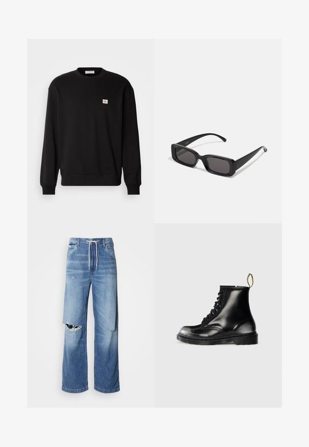 Czarny bawełniany sweter z okrągłym dekoltem, długi rękaw, z małą, prostokątną naszywką logo na klatce piersiowej oraz ściągaczami przy rękawach.; Jasnoniebieskie dżinsy o luźnym kroju, z białym sznurkiem w pasie oraz wyraźnymi przetarciami z przodu, odsłaniającymi postrzępione krawędzie.; Czarne skórzane botki za kostkę o błyszczącej powierzchni, z ośmioma otworami na sznurówki, czarnymi sznurowadłami i pętelką do zakładania. Posiadają teksturowaną, kauczukową podeszwę.; Czarne prostokątne okulary przeciwsłoneczne z ciemnymi szkłami, błyszczącym wykończeniem, szerokimi zausznikami i masywną konstrukcją. Wygrawerowana nazwa marki na jednym z zauszników.