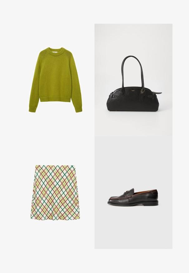Pull en tricot vert avec un col rond côtelé, des manches longues et une coupe décontractée. Il présente un motif texturé ainsi que des poignets et un ourlet côtelé.; Jupe blanche en A avec un motif à carreaux entrecroisés vert, marron et jaune, longueur genou, présentée sur un fond blanc.; Mocassins en cuir noir avec une finition lisse, bout rond et détails cousus. Présente un talon bas et un design minimaliste.; Sac à main en cuir noir de forme arrondie, avec deux longues poignées, des éléments en métal doré et une petite étiquette accrochée. Fermeture zippée sur le dessus.