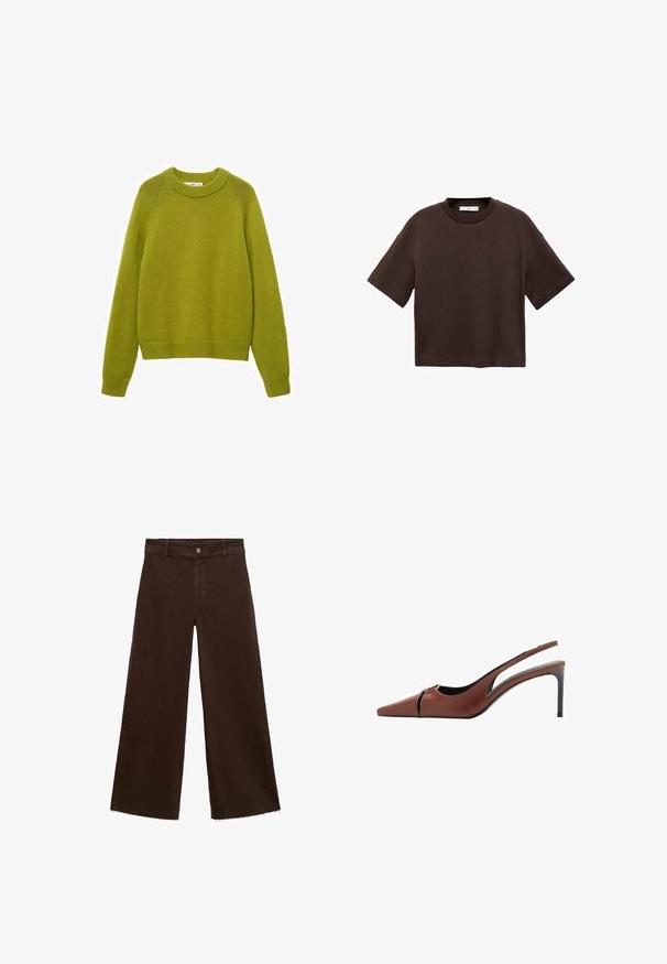 Grön stickad tröja med ribbad rund halsringning, långa ärmar och en avslappnad passform. Har ett strukturerat mönster samt ribbade ärmslut och nederkant.; Brun kortärmad t-shirt i mjuk bomull. Har en rund halsringning och en boxig passform, med en slät textur och inga synliga mönster.; Bruna breda byxor i bomullsblandning med fransar vid fållen, framknäppning och klassisk femfickdesign. Minimalistiska och mångsidiga.; Brun läder slingbackklack med spetsig tå, utskärning vid framv delen och en elegant stilettklack. Slät yta.