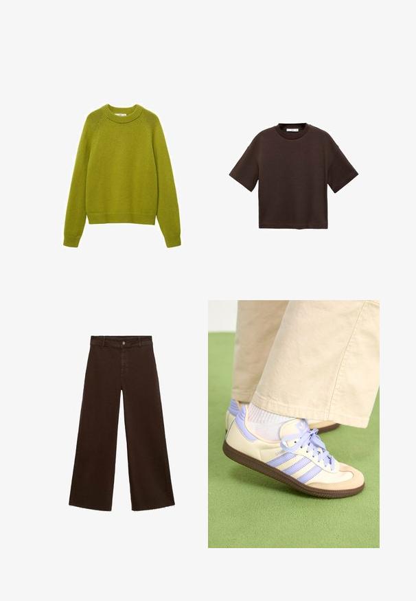 Green knit sweater with a ribbed crew neckline, long sleeves, and a relaxed fit. Features a textured pattern and ribbed cuffs and hem.; Brown short-sleeve t-shirt made of soft cotton. Features a round neckline and a boxy fit, with a smooth texture and no visible patterns.; Brown wide-leg trousers in cotton blend, featuring a frayed hem, front button closure, and classic five-pocket design. Minimalistic and versatile.; Cream and lavender sneakers with three stripes and a textured brown sole, featuring laces and a padded heel. Soft fabric upper.