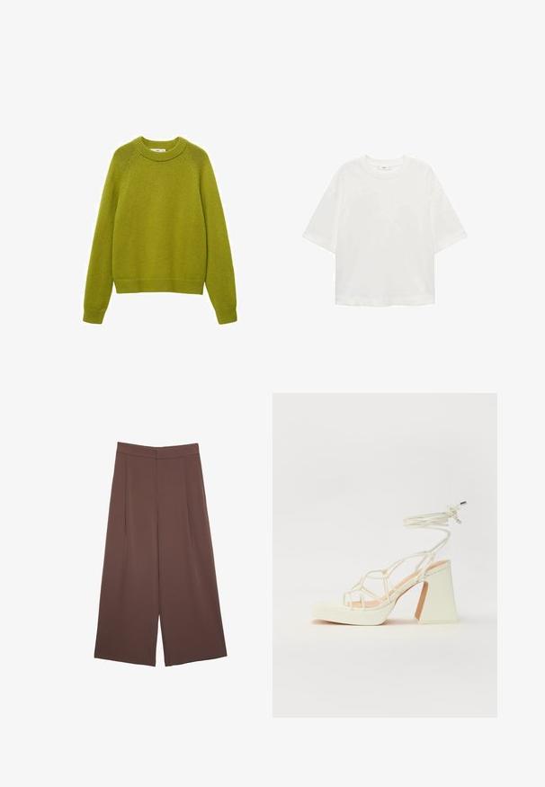 Zelený pletený sveter s priehlavkom s rebrovaním, dlhými rukávmi a voľným strihom. Obsahuje textúrovaný vzor a rebrované manžety a lem.; Biela krátkorpávová tričko s okrúhlym výstrihom, vo voľnom strihu, vyrobené z mäkkého materiálu. Bez vzorov a akcentov, so štandardným lemom.; Hnedé nohavice so širokými nohavicami a hladkou textúrou, s vysokým pásom a prednými skladmi. Tkanina je ľahká a voľne sa pohybuje.; Biele sandále na vysokom opätku s hrubým podpätkom, s pruhovaným dizajnom a viazaním na členku. Hladký povrch s platformou vpredu pre zvýšenú výšku.