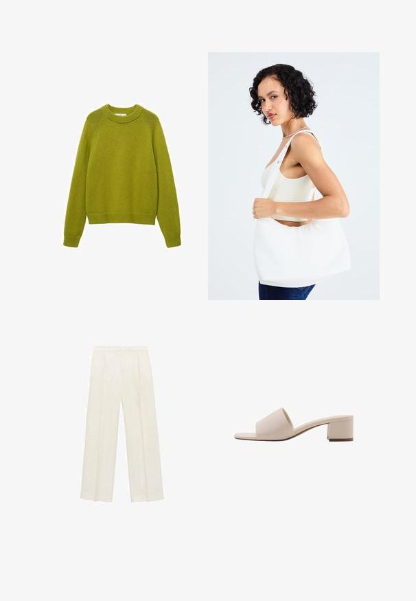 Maglione verde a maglia con scollo a girocollo a coste, maniche lunghe e vestibilità rilassata. Presenta un motivo testurizzato e polsini e orlo a coste.; Pantaloni a gamba larga di un leggero colore crema. Realizzati in un tessuto morbido con pieghe sul davanti e tasche laterali.; Sandalo beige con tacco a blocco, dotato di una fascia larga e punta aperta. Materiale liscio e design elegante. Tacco corto e robusto per maggiore stabilità.; Borsa a spalla bianca realizzata in materiale morbido, con un ritaglio ovale e un design a tracolla ampia. Semplice e moderna, senza hardware visibili.
