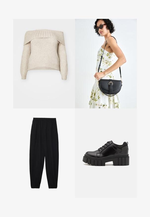 ONLY Carmakoma CARMARIE OFF SHOULDER  - Pulover - pumice stone melange; Črne, lahke hlače z elastičnim pasom in nabranimi gležnji. Tkanina je gladka in ima sproščen, taperiran dizajn.; Črne usnjene platforme z debelim blokastim petam, okroglo konico in klasičnim vezanjem. Imajo gladko teksturo in minimalne podrobnosti.; Črna usnjena torbica s ukrivljeno obliko, z odstranljivo naramnico in zlatimi dodatki. Torbica ima pokrov s podrobnostmi v obliki zaponke.