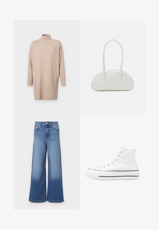 GAP Jumper - cobblestone; Wide-leg jeans in light blue denim. Features a high waist, five-pocket design, and subtle fading at the hem. Classic stitching details.; White high-top canvas sneaker with black rubber sole, front rubber toe cap, and six eyelets for laces, featuring a clean, minimalist design.; Even&Odd Handbag - off-white