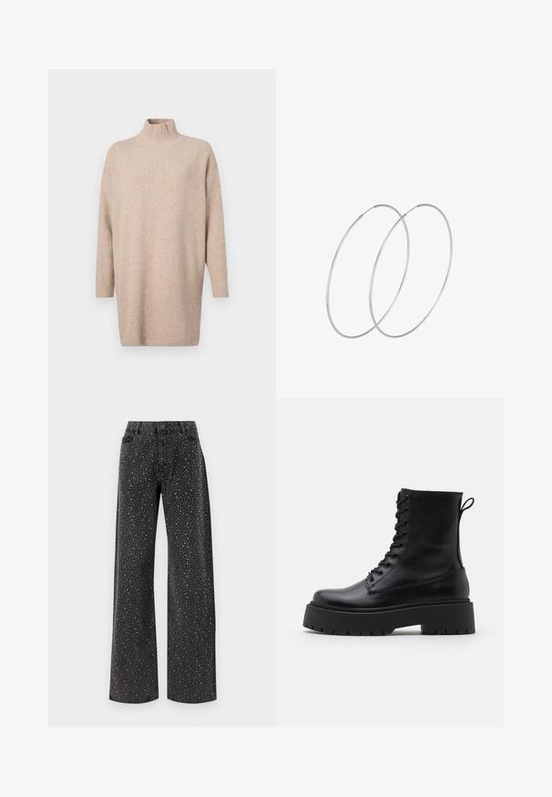 GAP Striktrøje - cobblestone; Noisy May NMJANNEL LOOSE - Jeans Relaxed Fit - black denim; Sorte læder ankelstøvler med rund tå, snørebånd foran og en tyk gummisål med struktureret slidbane. Hæfteløkke bagpå.; Sølvøreringe med et minimalistisk design. Cirkulær form, glat tekstur og tynd profil. Letvægtige med en poleret overflade.