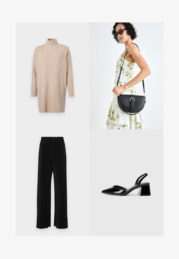 GAP Maglione - cobblestone; Pantaloni neri a plissé con vita elasticizzata. Presentano gamba ampia e un tessuto liscio e texture con strisce verticali.; Décolleté in vernice nera con punta affusolata e tacco in geometria cubica. Presentano un design elegante e minimalista, con una texture liscia.; Borsa a tracolla nera in pelle con una forma curva, manico rimovibile e accessori dorati. La borsa presenta una patta con un dettaglio a fibbia.