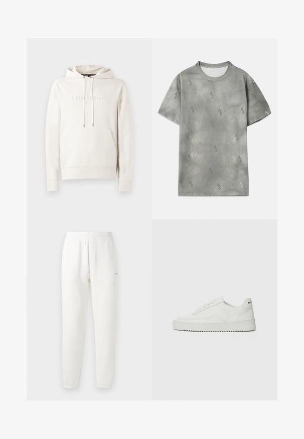 Felpa bianca con cappuccio dotata di tasca frontale, coulisse e logo in rilievo. Realizzata in tessuto morbido con polsini e orlo a coste. Design minimalista.; T-shirt in cotone grigio con un sottile motivo a logo AX, scollo rotondo, maniche corte e vestibilità rilassata. Tessuto liscio con uno stile leggermente sbiadito.; Pantaloni da tuta bianchi realizzati in tessuto morbido, con vita elastica, gambe affusolate e un piccolo logo sul lato sinistro.; Sneaker in pelle bianca con una finitura liscia, punta rotonda, lacci piatti e suola testurizzata. Presenta un logo discreto sul tallone.