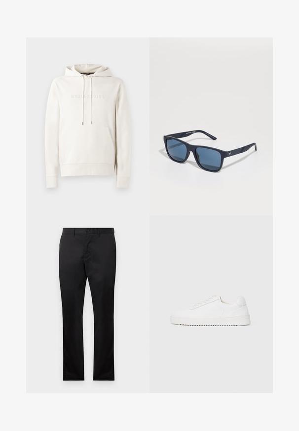 Witte hoodie met een voorzak, aantrekkoorden en een reliëflogo. Gemaakt van zachte stof met ribbelmanchetten en -zoom. Minimalistisch ontwerp.; Zwarte katoenen broeken met een rechte pijp, uitgerust met een sluiting met een voorste knoop en zijzakken, gladde textuur, zonder zichtbare patronen.; Witte sneaker met een gladleren bovenkant, ronde neus, veters, gestructureerde zijaccenten en een dikke rubberen zool. Minimalistisch ontwerp.; Blauwe rechthoekige zonnebril met donkere lenzen, matte marineblauwe montuur, logo-detail op de slaap, rechte pootjes en een solide, gladde textuur.