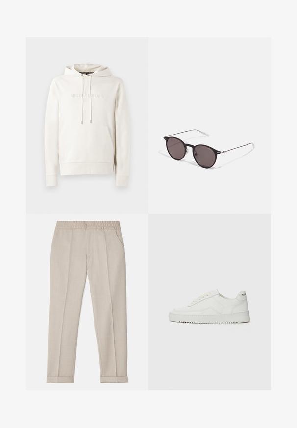 Hvit hettegenser med frontlomme, snor og preget logo. Laget av myk stoff med ribbestrikkede mansjetter og nederkant. Minimalistisk design.; Filippa K TERRY CROPPED TROUSERS - Bukse - sage melange; Hvite lærersneakers med en jevn overflate, rund tå, flate lisser og en teksturert såle. Har en subtil logo på hælen.; Sorte, runde solbriller med mørke linser og slanke metalarmer. Inkluderer klare temple tips og sølvfargede detaljer ved hengslet. Minimalistisk design.