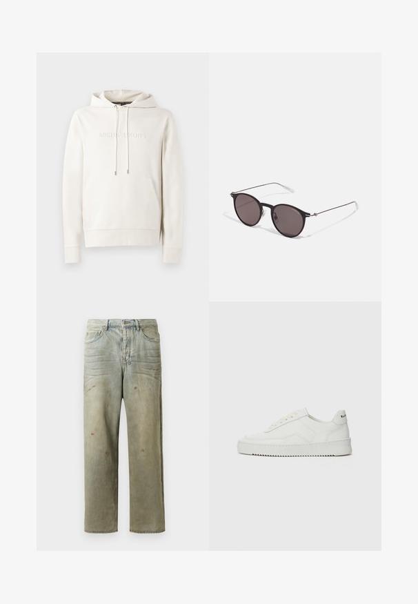 Baltas hoodie su priekinėmis kišenėmis, raišteliais ir iškilniu logotipu. Pagamintas iš minkštos medžiagos su gumbuotais rankogaliais ir apvadu. Minimalistinio dizaino.; Šviesiai žaliai nuvarytos džinsinės kelnes, su tiesiomis kojomis, penkių kišenių dizainu, nelygiai blukščiantis ir su dažų lašeliais.; Balti odiniai sportiniai bateliai su lygia apdaila, apvaliu pirštu, plokščiais raišteliais ir tekstūruotu padu. Pasižymi subtiliu logotipu ant kulno.; Juodos apvalios saulės akinių su tamsiais lęšiais ir plonomis metalinėmis šakomis. Įtraukti skaidrūs šventyklų galai ir sidabriniai akcentai vyrio srityje. Minimalistinis dizainas.