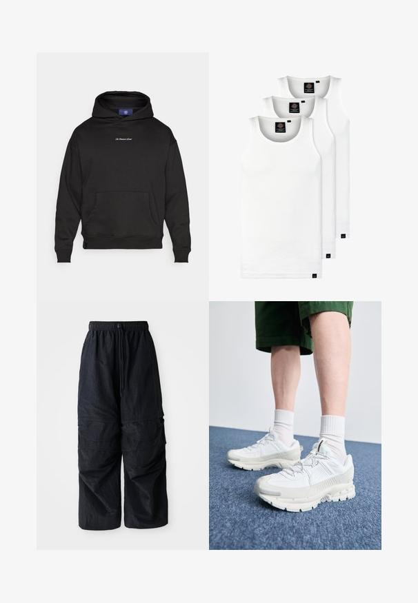 Felpa nera con cappuccio realizzata in misto cotone. Presenta una tasca a marsupio e polsini a costine. Testo ricamato sul petto in bianco. Cappuccio regolabile.; Tre canotte bianche a coste in cotone. Presentano un colletto rotondo e piccole etichette nere vicino all'orlo. Disponibile in diverse taglie.; Pantaloni cargo leggeri neri in nylon con vita elastica, coulisse regolabile e molteplici tasche sovrapposte sulle gambe.; Scarpe da ginnastica bianche con sovrapposizioni testurizzate, suola spessa e accenti grigi. Indossate con calze corte bianche e pantaloni corti verdi su una superficie blu.