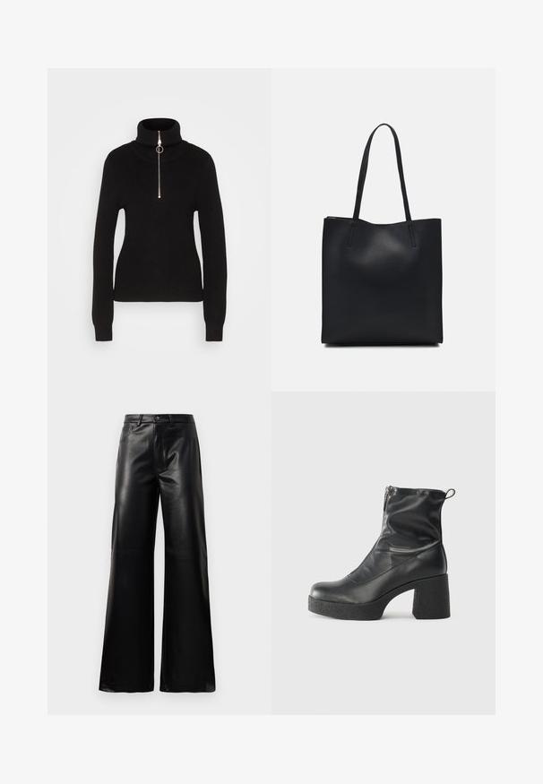 VILA - Sweter; Czarne, wysokie na talii, szerokie spodnie z sztucznej skóry z guzikami z przodu, zapięciem na zamek, szlufkami na pasek i bocznymi kieszeniami na białym tle.; Czarne botki za kostkę wykonane z gładkiej skóry, wyposażone w boczny zamek błyskawiczny, masywny teksturowany obcas oraz zaokrąglony czubek.; Czarna skórzana torba tote o gładkiej fakturze, prostokątnym kształcie i dwóch długich uchwytach. Brak widocznych elementów metalowych i ozdób.