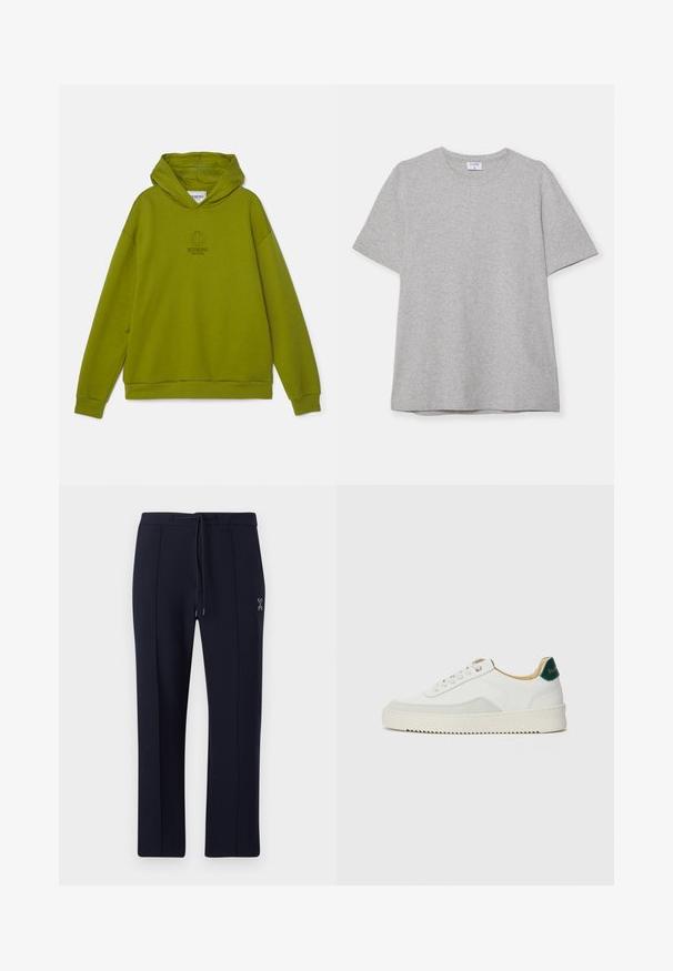 Iceberg FELPA - Sweatshirt - verde oliva; Gray short-sleeve T-shirt made from soft, textured fabric. Features a classic crew neck and a straight hem, suitable for casual wear.; Navy pants with a relaxed fit, featuring a drawstring waist and side pockets. Smooth fabric with subtle front pleats and logo detail.; White sneaker with suede accents, rounded toe, flat laces, and a cream rubber sole. Features green branding on the heel.