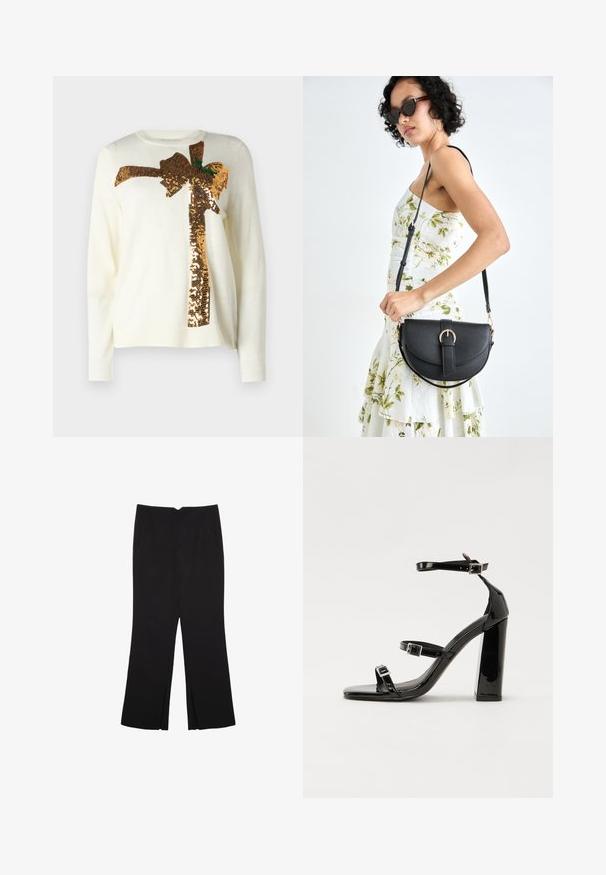 Witte trui met een groot gouden pailletten strikontwerp, voorzien van groene accenten. Het materiaal is zacht, heeft een ronde halslijn en geribbelde mouwen.; Zwarte broek met een rechte pasvorm, voorzien van zijzakken en plooien aan de onderzijde. Gemaakt van zachte, gladde stof. Geschikt voor verschillende gelegenheden.; Zwarte gepatenteerde sandalen met hak en een vierkante neus, enkelbandjes en zilveren gespen. Heeft een stevige blokhak voor stabiliteit.; Zwarte leren handtas met een gebogen vorm, afneembare schouderband en gouden hardware. De tas heeft een klep met een gespsluiting.