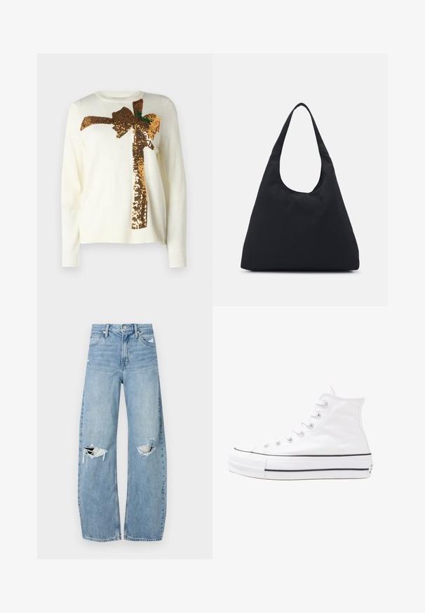 Fehér pulóver, amelyen egy nagy, arany flitteres masni minta található zöld részletekkel. Az anyag puha, kerek nyakú, és bordázott mandzsettákkal rendelkezik.; Világoskék, magas derekú farmernadrág. Széles lábakkal, két szakadt térddel és klasszikus öt zsebes dizájnnal rendelkezik.; Fehér magaskorsó vászon sportcipő fekete gumi talppal, elülső gumi orrnyereggel és hat fűzőlyukkal, letisztult, minimalista dizájnnal.; Fekete szövet táska egyetlen, széles vállpánttal. Puha, félstruktúrált forma és sima textúra; minimális dizájn, látható fémalkatrészek nélkül.