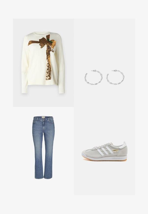 White sweater featuring a large gold sequin bow design, with green accents. The material is soft with a crew neckline and ribbed cuffs.; Mid-blue straight-leg denim jeans with front button and zipper closure, belt loops, and front and back pockets.; Light grey sneaker made of suede and mesh, featuring three white stripes, round toe, and a gum rubber sole. Gold logo accent near laces.; Silver hoop earrings with a twisted design, featuring a polished finish and post-back closure. Measure approximately 3 cm in diameter.