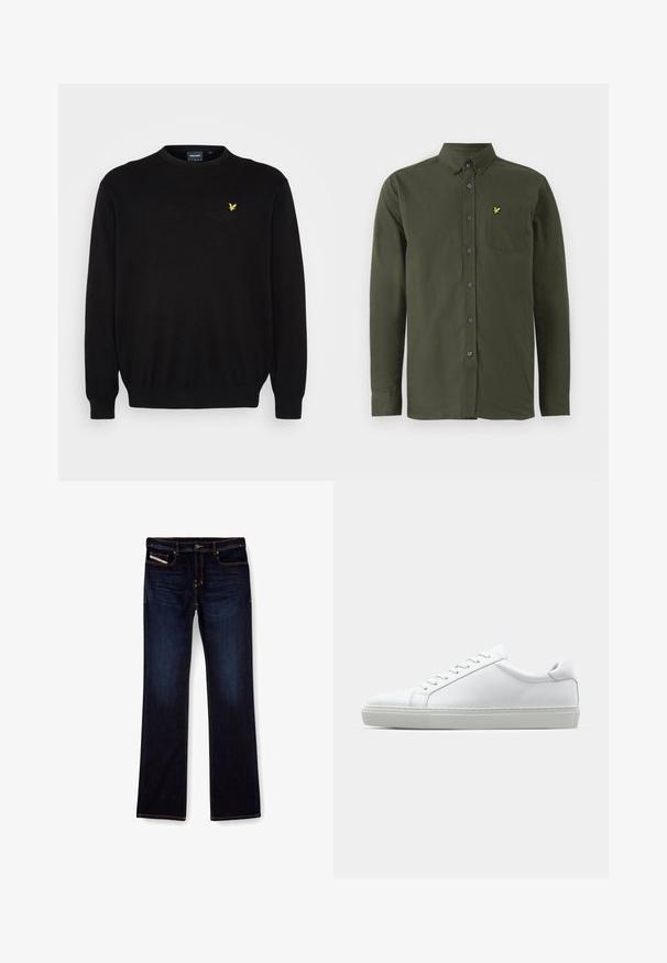 Črni pleteni pulover z dolgimi rokavi in okroglim izrezom. Ima majhen rumen orlov logotip na levem predelu prsnega koša. Elastični manšeti in rob.; Temnozelen srajc s dolgimi rokavi in gumbom na vratu, žepom na prsih in majhnim rumenim izvezenim logotipom ptice na žepu.; Temno modri jeans z ravnim krojem nogavic, s pomarančnim šivom, z zadrgo in sprednjimi žepi. Gladka tekstura in standardni pas.; Bela športna obutev z gladkim usnjenim zgornjim delom in nizkim profilom. Ima zaokrožen nos, šest lukenj za vezalke in teksturiran gumijast podplat.