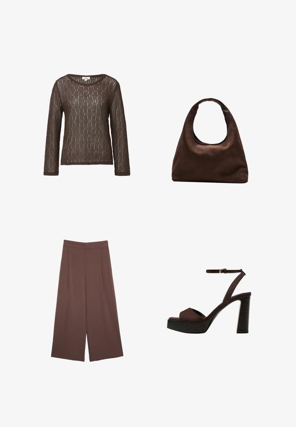 Braunes, langärmliges Oberteil aus einem gerippten, strukturierten Strickstoff, mit einem Bootsausschnitt und einer lockeren Passform.; Braune Weite-Leg-Hosen mit einer glatten Textur, hoher Taille und Vorderfalten. Der Stoff ist leicht und fällt locker.; Braune Wildleder-Pumps mit offenem Zeh, verstellbarem Knöchelriemen und gestreiftem Plateausohlen.; Weiche braune Hobo-Stil Handtasche mit einem einzigen breiten Trageriemen und einer geschwungenen Oberteilöffnung, auf einem weißen Hintergrund präsentiert.