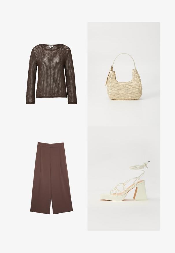 Brązowa, długosleeve bluzka wykonana z prążkowanej, teksturowanej dzianiny, z dekoltem w łódkę i luźnym krojem.; Brązowe spodnie o szerokich nogawkach z gładką fakturą, z wysokim stanem i plisami z przodu. Materiał jest lekki i luźno opada.; Biała sandał na wysokim obcasie z masywnym słupkiem, z paskowym wzorem i wiązaniem przy kostce. Gładka faktura z platformą z przodu dla dodatkowej wysokości.; Torebka z plecionego słomy w odcieniu beżowym o zaokrąglonym kształcie, z krótkim uchwytem i bocznym zamkiem błyskawicznym. Posiada teksturowaną powierzchnię i minimalistyczny design.