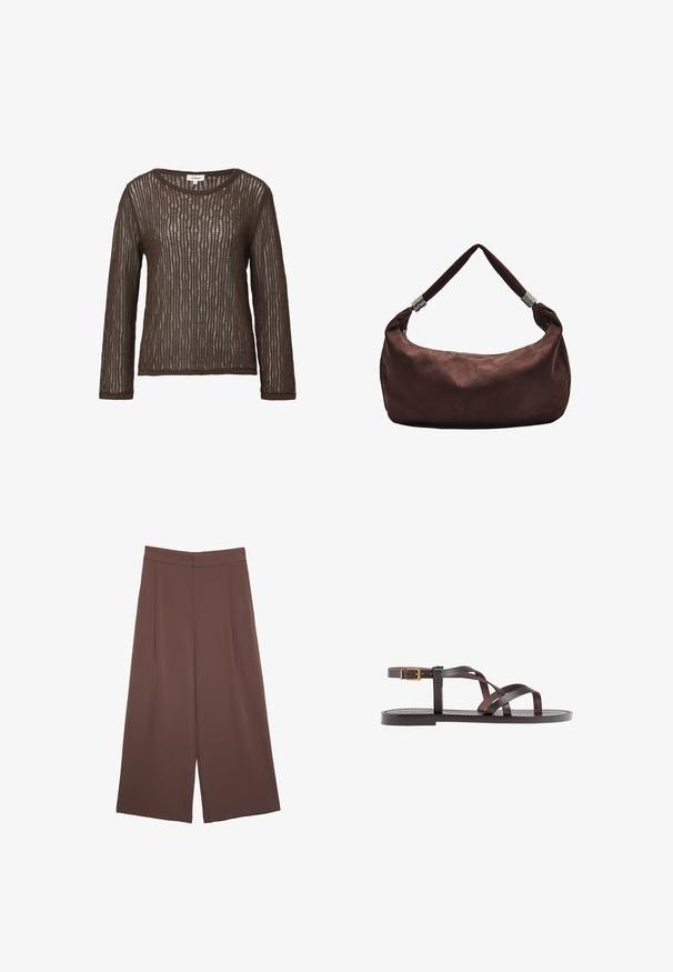 Haut marron à manches longues en tissu tricoté texturé à côtes, avec un col bateau et une coupe décontractée.; Pantalons larges marron avec une texture lisse, dotés d'une taille haute et de plis à l'avant. Le tissu est léger et tombe de manière fluide.; Sandale en cuir marron avec des brides entrecroisées, une fermeture à boucle à la cheville et une semelle plate avec des détails de couture minimaux.; Sac à épaule en suède marron avec fermeture éclair, doté d'une anse torsadée ornée d'accents métalliques pour un transport sécurisé.