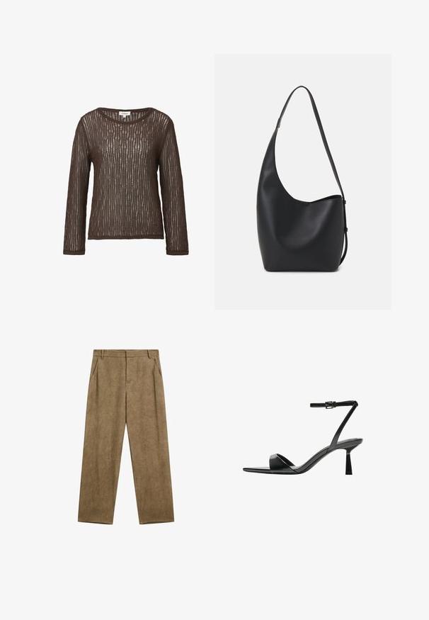 Top marrone a maniche lunghe realizzato in un tessuto a maglia rigata e testurizzata, con scollatura a barchetta e vestibilità comoda.; Pantaloni in lino marroni con una vestibilità comoda, caratterizzati da due tasche laterali e una texture liscia, progettati con una vita alta e gambe larghe.; Bershka Sandali con tacco - black; Borsa hobo nera in pelle con una superficie liscia, forma curvata e una singola tracolla regolabile; presenta un'ampia apertura nella parte superiore.
