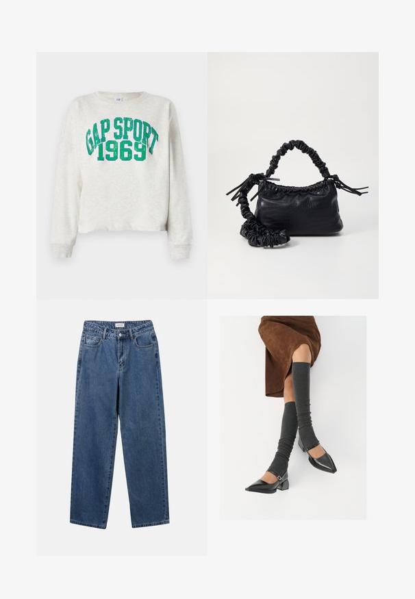 Felpa cropped grigia chiara realizzata in tessuto morbido, con la scritta "GAP SPORT 1969" in grandi lettere glitterate verdi sulla parte anteriore.; Jeans in denim blu classico con design a gamba dritta, cinque tasche e chiusura con bottone. Presentano un lavaggio medio e una trama robusta.; Scarpe nere in pelle verniciata con punta affilata, tacco a blocco e cinturino alla caviglia, abbinate a scaldamuscoli grigi a coste e una gonna in suede marrone.; Borsa a tracolla in ecopelle nera con texture a coccodrillo, apertura cinchata e tracolla arricciata. Si presenta con un design morbido e compatto.