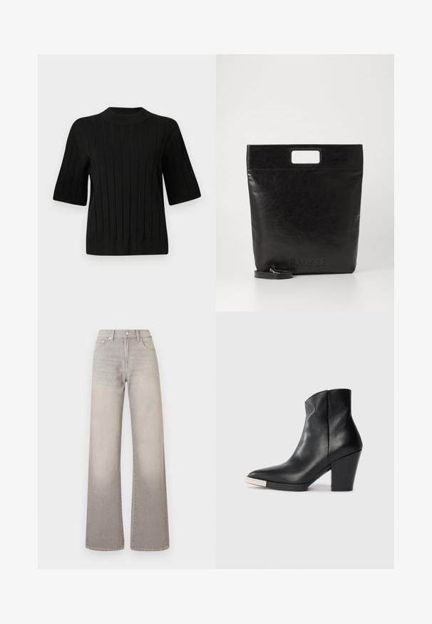 Svart kortärmad tröja med ribbad textur och hög krage, med vertikala linjer och en figurnära silhuett.; Grå vidbenade jeans med en blekt finish, knappstängning, femficksdesign och sömnad detaljer längs sömmarna.; Svart läder ankelsko med spetsig tå, hög blockklack och detaljer i silver på tån. Slät textur och enkel design.; Svart läder tote-väska med ett fyrkantigt handtag, med en texturerad yta och präglad logotyp. Inkluderar en avtagbar rem.