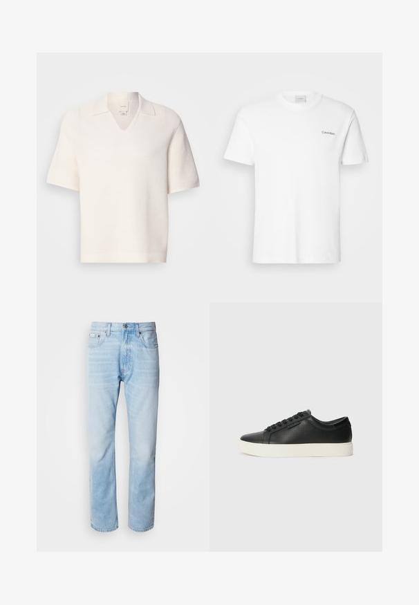Korte mouwen, V-hals polo in textuur wit stof. Heeft een kraag en een subtiel ribbelpatroon, wat zorgt voor een gestructureerde uitstraling.; Witte katoen T-shirt met korte mouwen en een ronde hals. Bevat een klein zwart "Calvin Klein" logo op de linkerborst.; Lichtblauwe denim jeans met een rechte pijp, met vervaagde delen, vijf-pocket ontwerp en een klassieke knoopsluiting.; Zwarte leren sneakers met geperforeerde structuur, ronde neus en platte witte rubberen zool. Voorzien van zwarte veters en een subtiel logo aan de zijkant.