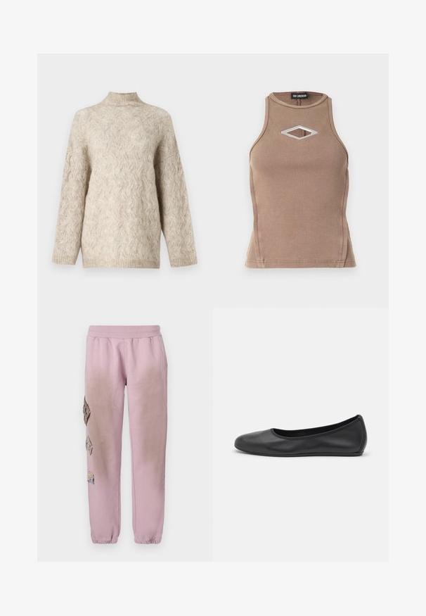 Beige gestrickter Pullover mit hohem Kragen, der ein strukturiertes Zopfmuster und weit geschnittene Ärmel aufweist. Hergestellt aus weicher, flauschiger Wolle.; Braunes, geripptes Tanktop mit ärmellosem Design, runder Ausschnitt und einem diamantförmigen Ausschnitt mit silbernem Hardware-Detail.; Rosa Sweatpants mit elastischem Bund, verziert mit dekorativen Patches in Diamantform auf der linken Seite und elastischen Bündchen an den Knöcheln.; Schwarze Leder-Ballettschuhe mit abgerundeter Spitze, glatter Textur, minimalen Nähdetails und einem flexiblen Sohlen-Design.
