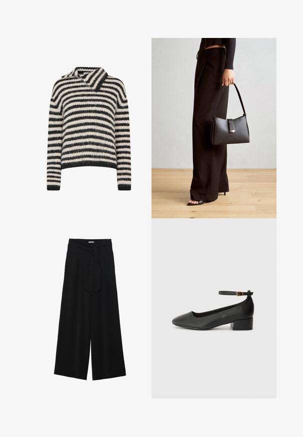 Gestreepte trui met een kraag. Gemaakt van een zachte, geweven stof in donkergrijze en crèmekleurige strepen. Ruimvallende pasvorm met lange mouwen.; Zwarte wijde broek van textuurstof, met een elastische tailleband en een afneembare sjaalstrik in de taille voor een verstelbare pasvorm.; Zwarte leren pump met een spitse neus en een lage blokhak. Beschikt over een enkelband met een goudkleurige gespsluiting. Gladde textuur.; Zwarte handtas met gestructureerde vorm, gladde textuur en een metalen sluiting. Gecombineerd met brede zwarte broeken en sandalen met open teen op een houten vloer.