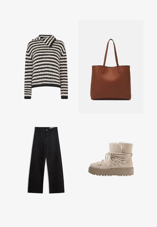 Pull rayé avec un col. Fabriqué dans un tissu texturé doux aux rayures gris foncé et crème. Coupe décontractée avec des manches longues.; Pantalon en denim noir à jambes larges avec une taille haute, comprenant des poches avant et arrière, des coutures piquées et une fermeture à bouton. Texture lisse.; Bottine en daim beige avec une surface texturée, bout rond et épaisse semelle en caoutchouc. Comprend un design à lacets et un col rembourré.; Sac fourre-tout en cuir marron avec une texture lisse, design à ouverture supérieure et deux poignées pour le porter à l'épaule. Présente des coutures minimales et aucun matériel visible.