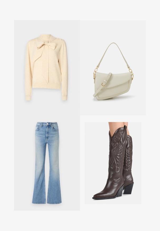 YAS YASASSI BOW PULLOVER  - Maglione - birch; Jeans flared di colore blu chiaro in denim, dotati di vita alta, design a cinque tasche e una leggera sfumatura verso l'orlo.; Stivali da cowboy in pelle marrone con punta affusolata e tacco a blocco, caratterizzati da dettagliati ricami e accenti rialzati sul gambale.; Piccola borsa a tracolla crema con finitura testurizzata, una lunga tracolla regolabile, un accento a catena e chiusura a patta. Dettagli in hardware dorato.; Orecchini a cerchio in argento con un design torciglionato, caratterizzati da una finitura lucida e chiusura a perno. Misurano circa 3 cm di diametro.