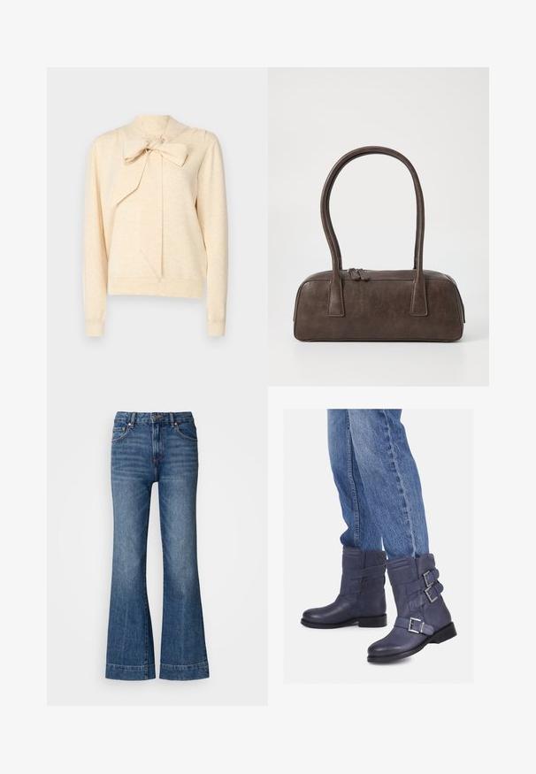 YAS YASASSI BOW PULLOVER  - Pullover - birch; Jean en denim évasés de couleur bleu foncé. Comprend cinq poches, des passants de ceinture et des coutures orange. Texture lisse avec un design classique.; Bottines en cuir bleu à la cheville avec trois sangles à boucles argentées. Bout arrondi, petit talon, et dessus texturé, accompagnées de jeans en denim.; Sac à main en cuir marron avec deux poignées robustes, de forme rectangulaire, texture lisse et fermeture zippée. Design minimaliste sans motifs visibles.