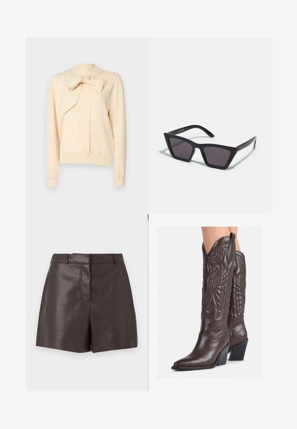 YAS YASASSI BOW PULLOVER  - Jersey de punto - birch; Shorts de cuero marrón con una textura suave, que presentan una costura frontal, presillas para cinturón y dos bolsillos laterales. Diseñados para una silueta ajustada.; Botas de vaquero de cuero marrón con punta afilada y tacón cuadrado, que presentan costuras detalladas y acentos elevados en el caño.; Gafas de sol negras y angulares con lentes grises; fabricadas en plástico, con varillas gruesas de superficie suave y sin herrajes visibles.; Pequeño bolso de mano crema con un acabado texturizado, una correa larga y ajustable, un acento de cadena y cierre de solapa. Detalles en hardware dorado.; Pendientes de aro de plata con diseño retorcido, que presentan un acabado pulido y cierre de presión. Miden aproximadamente 3 cm de diámetro.