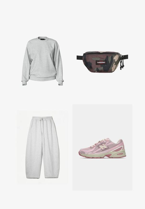 Light gray sweatshirt with a round neckline, long sleeves, ribbed cuffs, and a relaxed fit. Made from soft fabric with minimal detailing.; Light grey sweatpants with a relaxed fit, elastic waistband, drawstring, and side pockets; made from soft, textured fabric.; Pink and beige New Balance 740 sneaker with mesh and synthetic upper, lace-up closure, and cushioned sole shown in side profile.; Camouflage fanny pack made of durable fabric, featuring a zippered closure, adjustable strap, and a red Eastpak logo patch on the front.