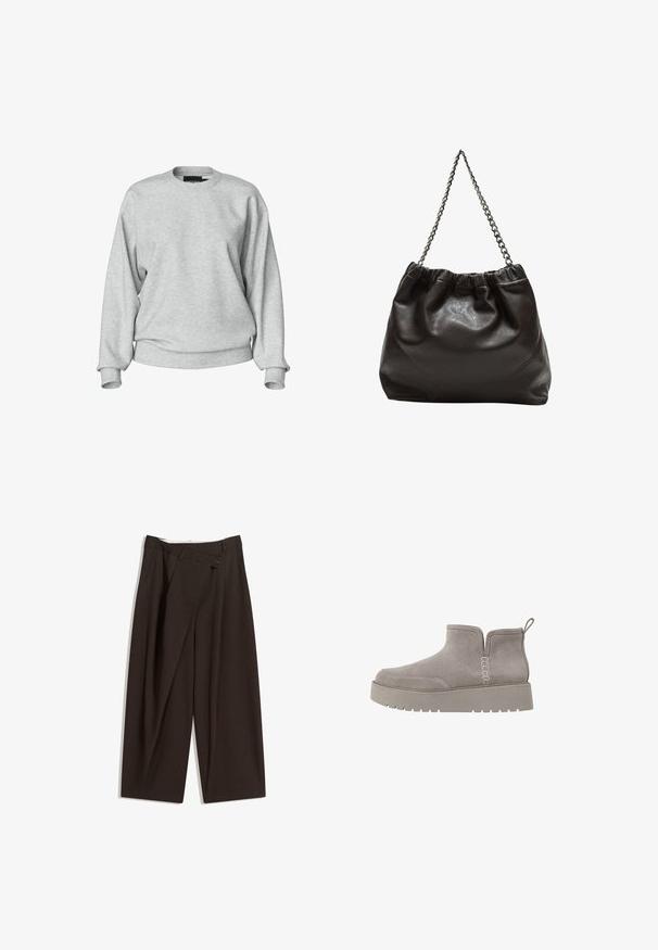 Svetlo siva majica s dugim rukavima i okruglim izrezom, opuštenog kroja. Izrađena od mekanog materijala s minimalnim detaljima.; Temno rjave široke hlače z visokim pasom, ki imajo en gumb za zapiranje in zamaščen sprednji del. Narejene so iz lahkega blaga.; Sivi nubuk čevelj do gležnjev z nizkim profilom, elastičnimi stranskimi paneli in teksturirano gumijasto podplato. Ima zanko za enostavno oblačenje.; Rjava usnjena torba z nabranim vrhom in verižnim trakom. Gladka tekstura z sijajno površino in subtilnimi šivi na straneh.