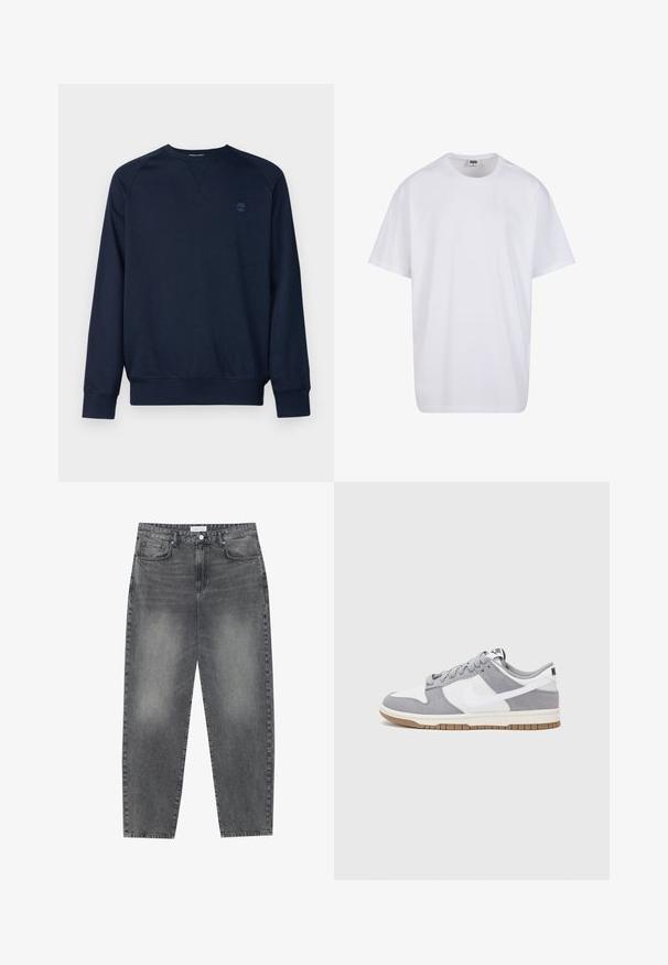 Felpa blu navy con maniche lunghe, collo a giro, polsini e orlo a coste. Presenta un piccolo logo tono su tono sul lato sinistro del petto. Morbido al tatto.; Maglietta bianca in cotone con maniche corte, scollatura rotonda, vestibilità comoda e senza loghi o motivi visibili. Texture liscia e design minimale.; Jeans a vita alta, dal taglio ampio in denim nero sbiadito. Presentano cinque tasche, passanti per cintura e un design dritto e pulito.; Sneaker grigia e bianca con tomaia in suede e pelle, punta arrotondata, lacci piatti e soletta in gomma con un accento color caramello.