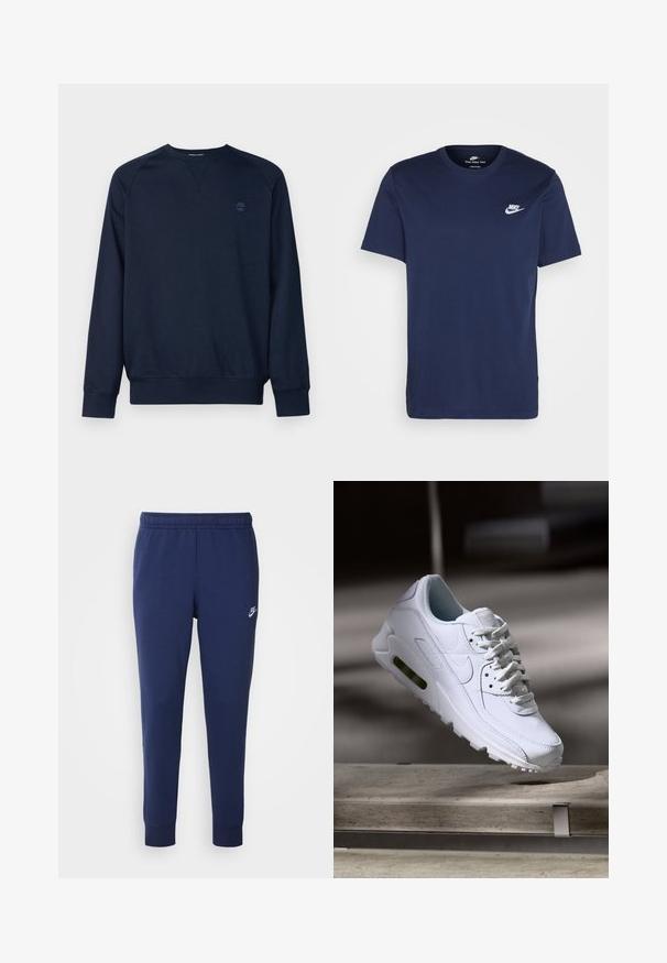 Mörkblå sweatshirt med långa ärmar, rundad halsringning, ribbade mudd och nederkant. Har en liten, tonad logotyp på vänster bröst. Mjuk textur.; Marinblå bomulls T-shirt med rund halsringning och korta ärmar. Har en vit Nike-logga på vänster bröst och en rak nederkant.; Mörkblå Nike sweatpants gjorda av en mjuk bomullsblandning, med ett elastiskt midjeband, avsmalnande ben och en liten vit logotyp på sidan.; Vit lädersneaker med strukturerade ytor, vadderad krage och synlig luftkudde i sulan. Innehåller snören och har en minimalistisk design.