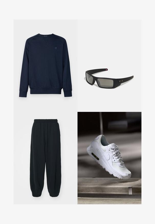 Marineblauwe sweatshirt met lange mouwen, ronde hals, ribgebreide manchetten en onderrand. Bevat een klein, tonale logo op de linkerkant van de borst. Zachte textuur.; Zwarte, elastiche sweatpants met een losse pasvorm, manchetten aan de enkels, een zachte textuur en zonder zichtbare patronen of hardwareaccenten.; Witte Nike Air Max 90 sneaker met een bovenwerk van mesh en leer, een geperforeerde teenbox en een zichtbare luchtunit in de hiel.; Zwarte zonnebril met een matte afwerking, rechthoekige glazen, een lichte kromming op de slapen, subtiele logodetails en rookgetinte glazen.