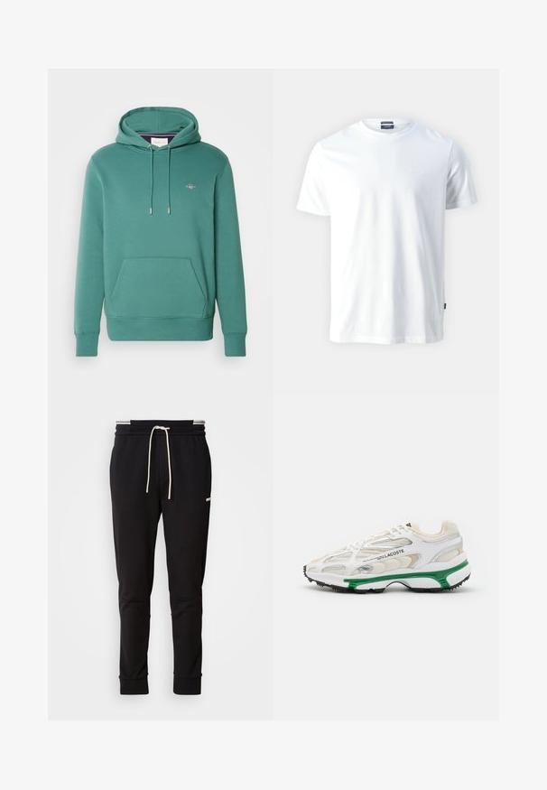 GANT SHIELD HOODIE - Hoodie - green; White cotton crewneck T-shirt with short sleeves, featuring a subtle embossed "Joop!" logo on the chest and a straight hem.; Black slim-fit jogger pants with white drawstring, ribbed cuffs, and subtle logo on the upper thigh against a plain background.; White sneaker with green accent and black rubber sole. Features mesh and synthetic panels, with a textured finish and visible stitching.