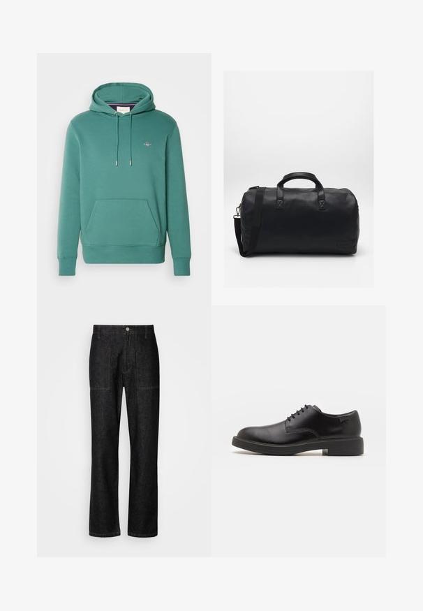 GANT REG SHIELD - Kapucnis pulóver - green; Fekete farmernadrág, egyenes lábakkal, látható varrással és elülső gombzárral. Két oldalsó zsebbel és két hátsó zsebbel rendelkezik.; Fekete bőrcipő, kerek orrú, sima felületű, minimális varrással és alacsony gumitalppal. Logó a sarokrészen.; Fekete sporttáska textúrált szintetikus anyagból. Két fogantyúval és állítható vállpánttal rendelkezik. Egyszerű kialakítás, látható minták nélkül.